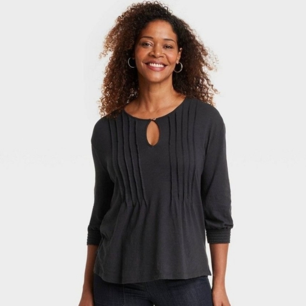 NWT Knox Rose Women's Pintuck Black 3/4 Sleeves Blouse Top XS